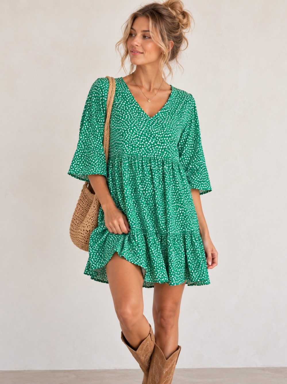 Green Floral Babydoll Tiered Mini Dress